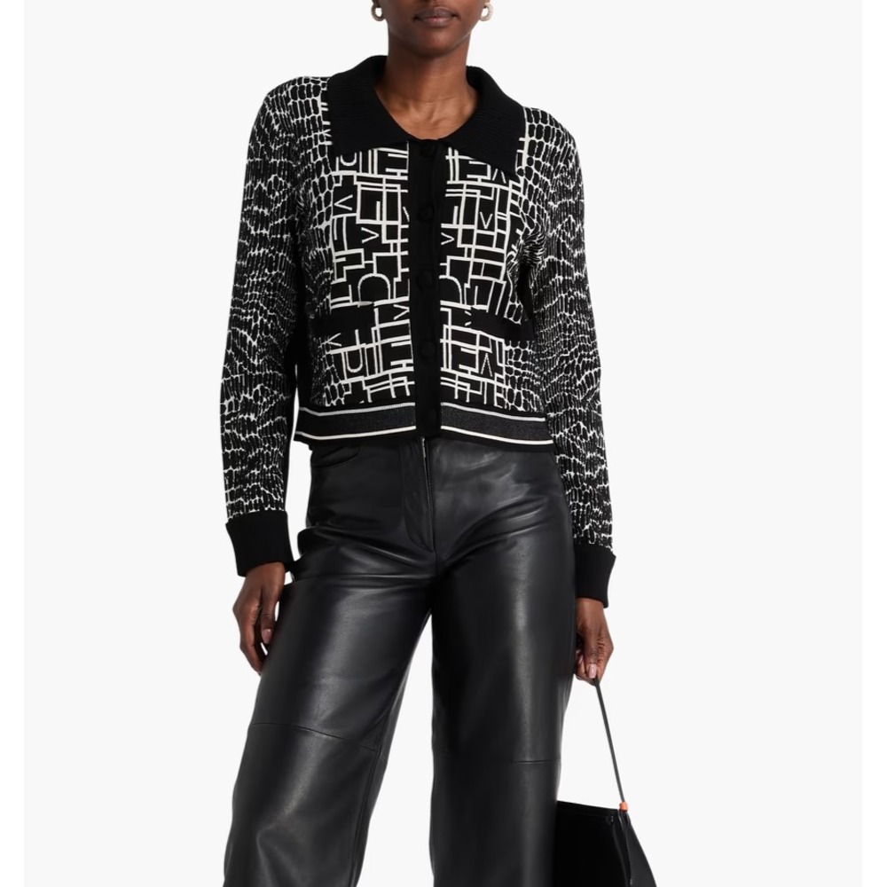 Diane Von Furstenberg  Riva Black Knit Monogram Jacquard Cardigan Sweater  S